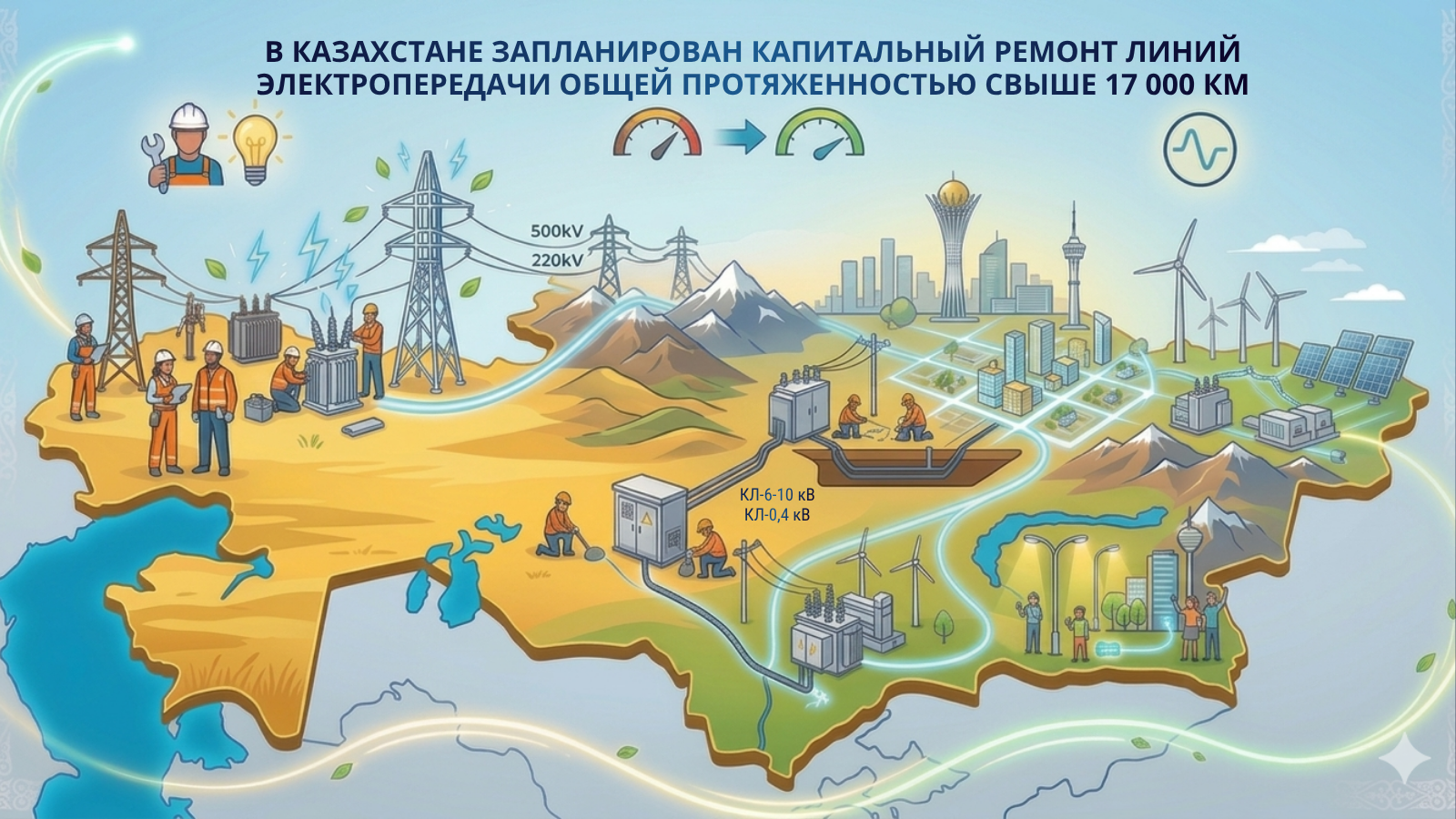 Қазақстанда электр беру желілерін жалпы ұзындығы 17 мың шақырымнан асатын көлемде күрделі жөндеу жоспарлануда