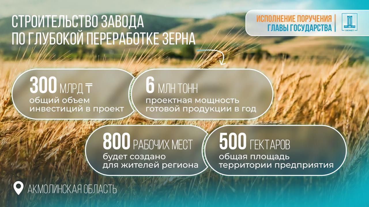 Правительством Казахстана одобрено Соглашение об инвестициях: в Акмолинской области построят завод по глубокой переработке зерна