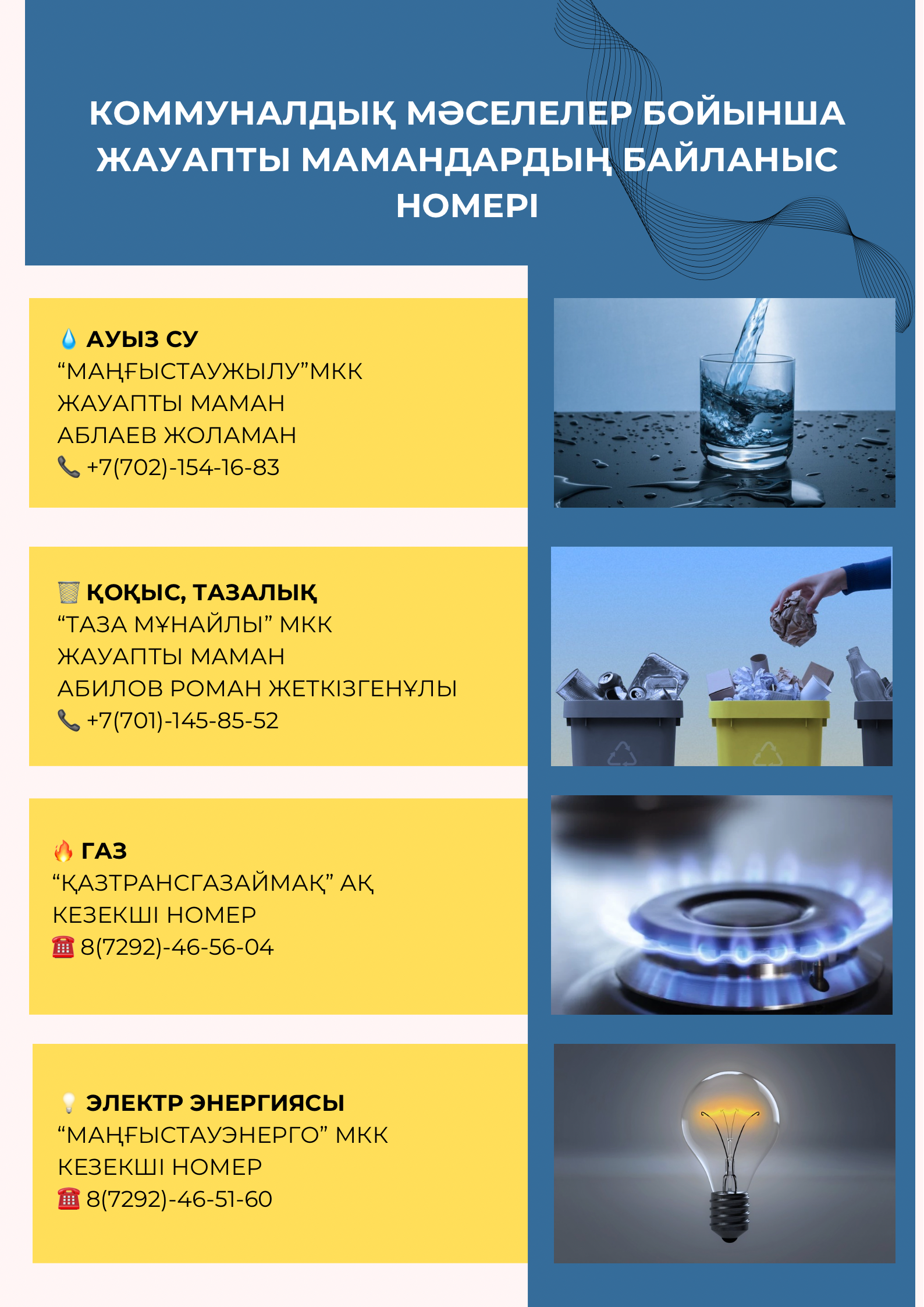 КОММУНАЛДЫҚ МӘСЕЛЕЛЕР БОЙЫНША ЖАУАПТЫ МАМАНДАРДЫҢ БАЙЛАНЫС НӨМІРЛЕРІ