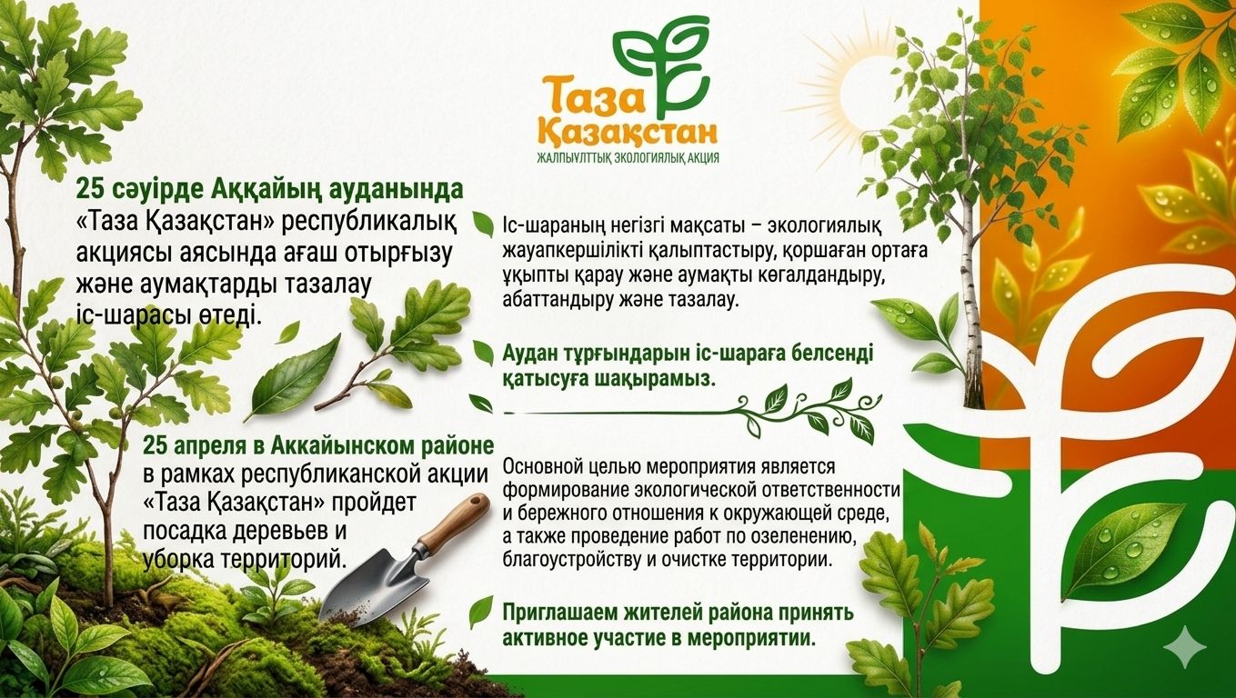 25 сәуірде Аққайың ауданында «Таза Қазақстан» республикалық акциясы аясында ағаш отырғызу және аумақтарды тазалау іс-шарасы өтеді.