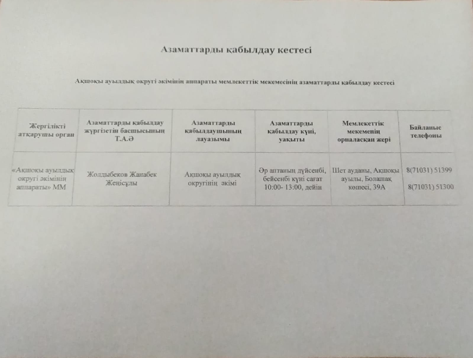 Азаматтарды қабылау кестесі