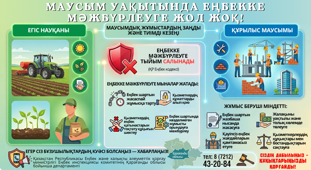 Егіс науқаны мен құрылыс маусымының басталуына байланысты еңбекке мәжбүрлеуді болдырмауға ерекше назар аудару қажет