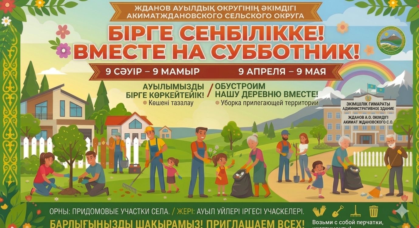 «Таза Қазақстан» 2026 жылғы 9 сәуір мен 9 мамыр аралығында Жданов ауылдық округі аумағында барлық меншік нысандарына қарасты іргелес аумақтарды санитарлық тазалау және абаттандыру бойынша бір айлық жарияланады.