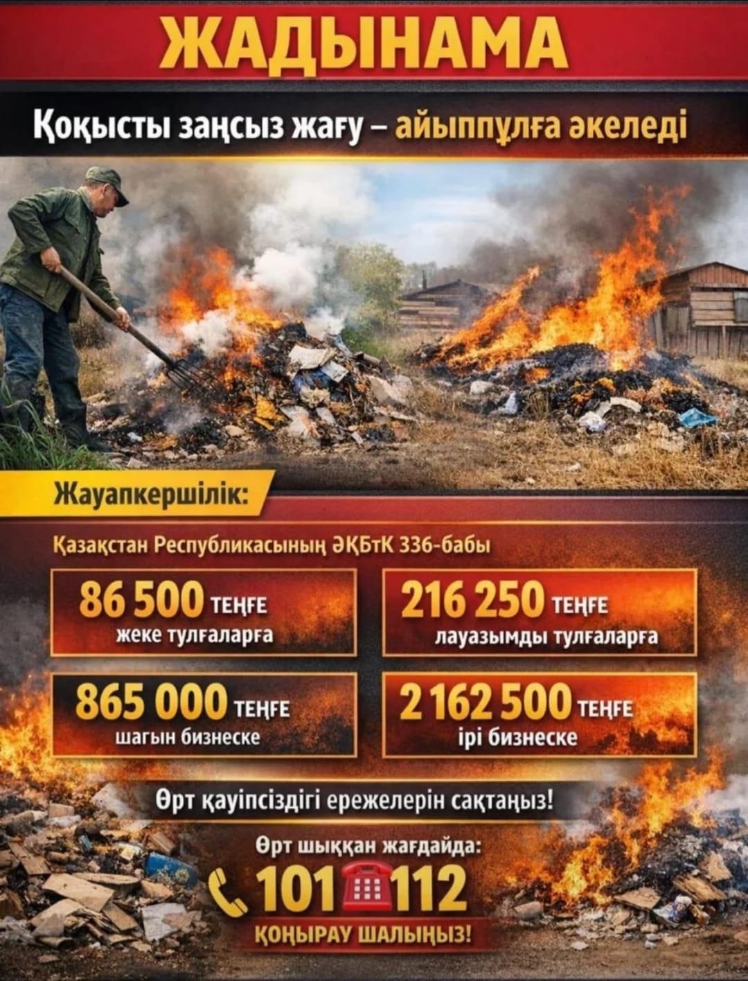 Қоқысты заңсыз жағу айыппұлға әкеледі.