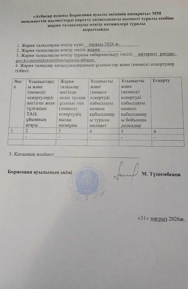 «Атбасар ауданы Борисовка ауылы әкімінің аппараты» ММ мемлекеттік қызметтерді көрсету саласындағы қызметі туралы есебіне жария талқылауды өткізу нәтижелері туралы  қорытынды