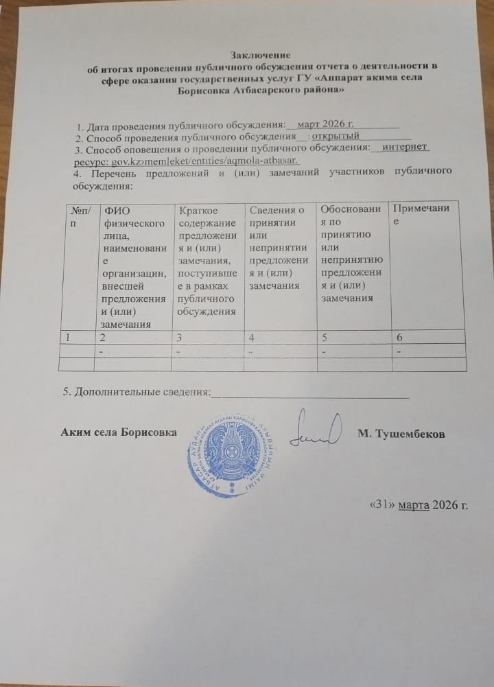Заключение  об итогах проведения публичного обсуждения отчета о деятельности в сфере оказания государственных услуг ГУ «Аппарат акима села Борисовка Атбасарского района»