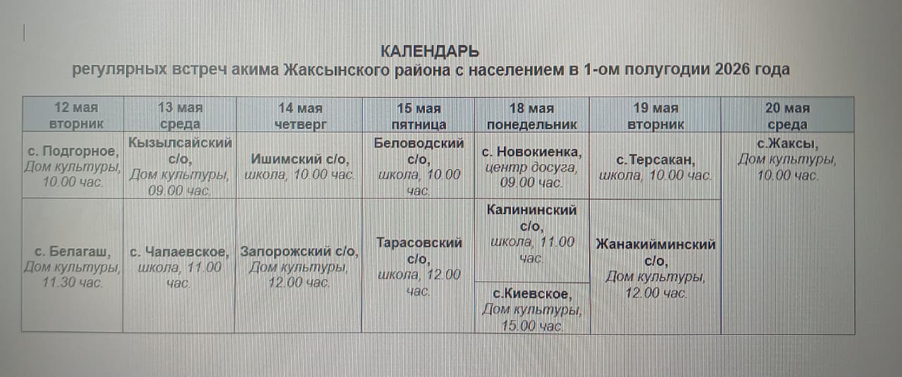 18 мая 2026 года 09.00 в центре досуга села Новокиенка состоится регулярная отчетная встреча акима Жаксынского района с населением  села Новокиенка