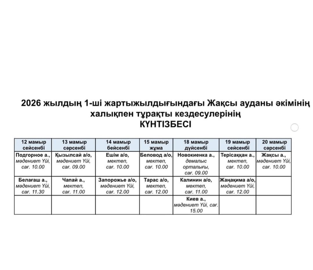 2026 жылдың 1-ші жартыжылдығындағы Жақсы ауданы әкімінің халықпен тұрақты кездесулерінің КҮНТІЗБЕСІ