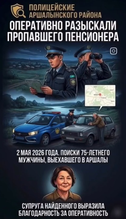 Полицейлер Ақмола облысында жоғалған зейнеткерді жедел іздеп тапты