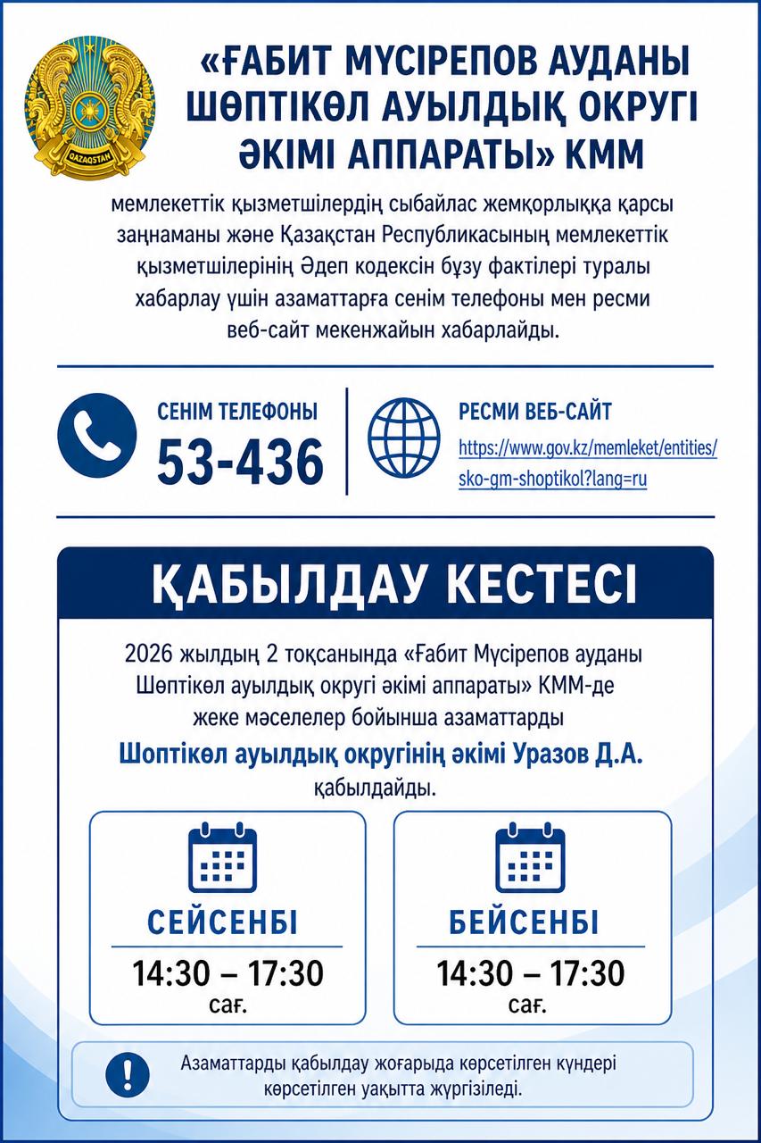 Шөптікөл ауылдық округі әкімінің 2026 жылдың екінші тоқсанына арналған жеке қабылдаулар кестесі